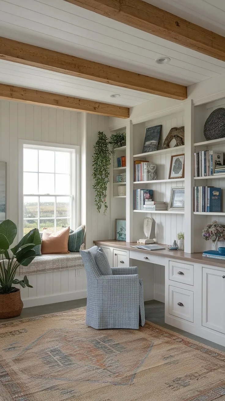 Find your focus in this serene coastal home office, where coastal farmhouse charm meets productive workspace. The calming coastal interior and beach house interior design create the perfect blend of comfort and inspiration.
