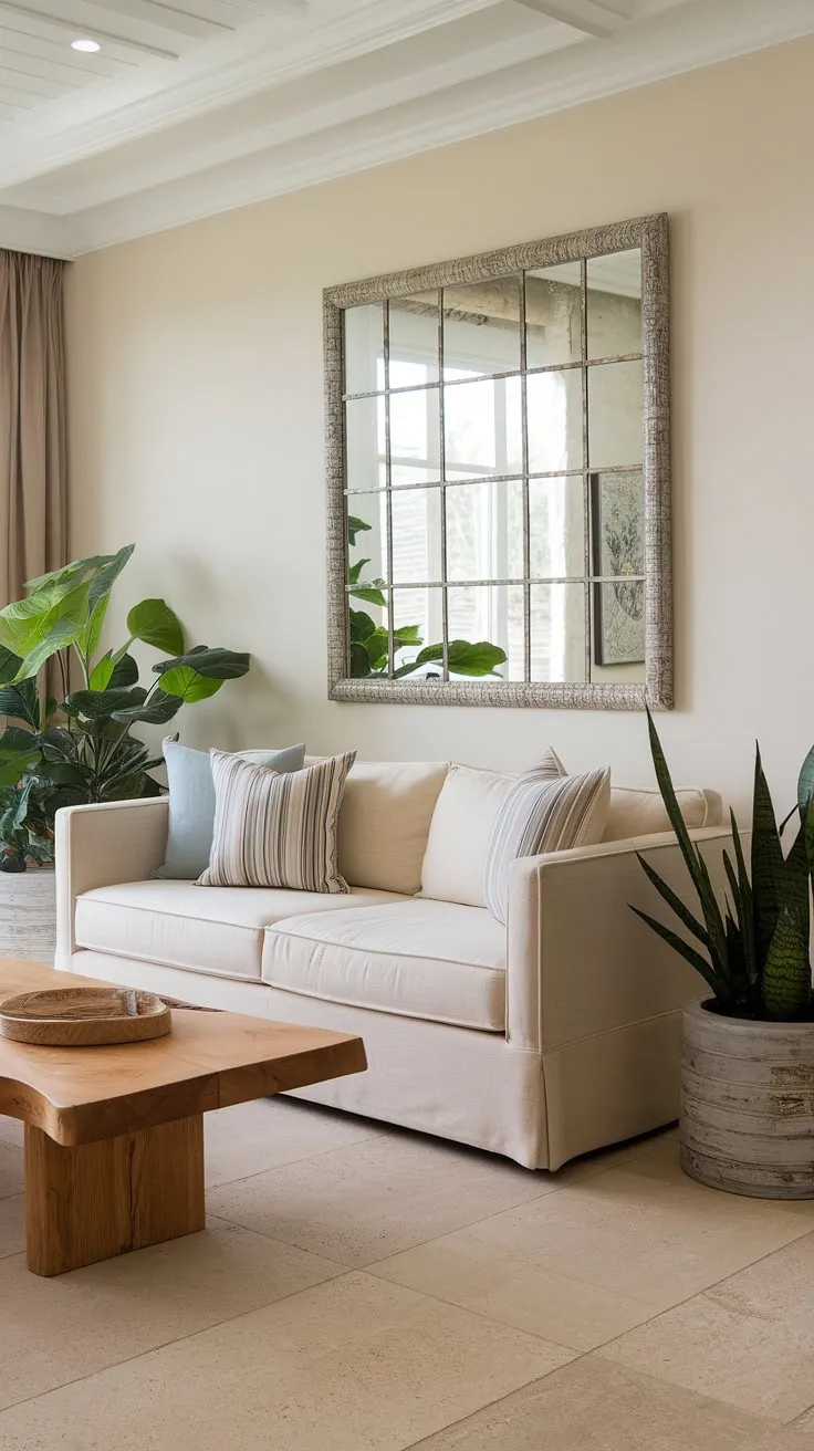 Sunlight streams into this serene coastal home office, a perfect blend of coastal farmhouse charm and modern functionality.  The coastal interior design creates a tranquil workspace, reflecting the beauty of the beach house interior.
