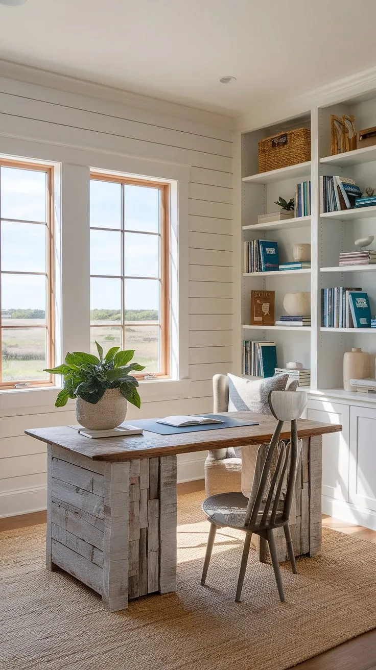Escape to this idyllic coastal office nestled within a charming coastal farmhouse.  The beach house interior, complete with a cozy reading chair and shelves brimming with inspiration, offers a peaceful workspace where coastal interior design meets ultimate comfort.
