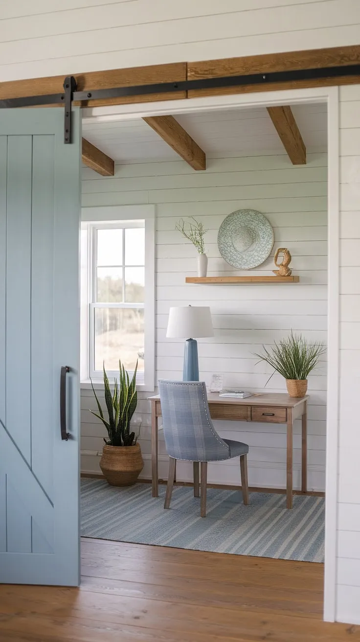 Sunlight streams into this serene coastal home office, a perfect blend of coastal farmhouse charm and sophisticated coastal interiors.  The beach house interior is effortlessly chic, creating the ideal workspace with a view.