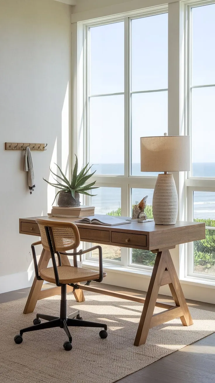 Sunlight streams into this serene coastal home office, the perfect blend of coastal farmhouse style and productive workspace.  The ocean view inspires creativity in this coastal interior, a true beach house interior dream.