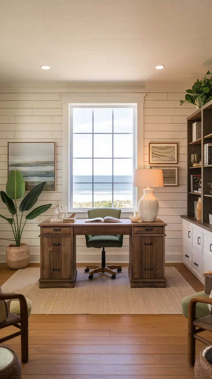 Escape the ordinary and embrace the extraordinary in this coastal home office.  The coastal interiors of this coastal farmhouse offer a tranquil workspace, where the calming coastal office design meets inspiring ocean views.