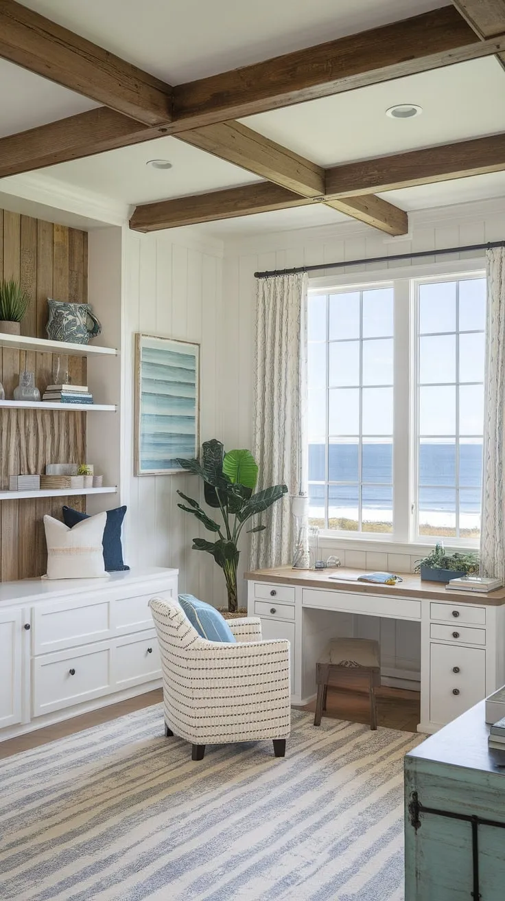 Sunlight streams into this serene coastal home office, a perfect blend of coastal farmhouse charm and sophisticated coastal interiors.  The beach house interior is effortlessly chic, creating the ideal space for work and relaxation.