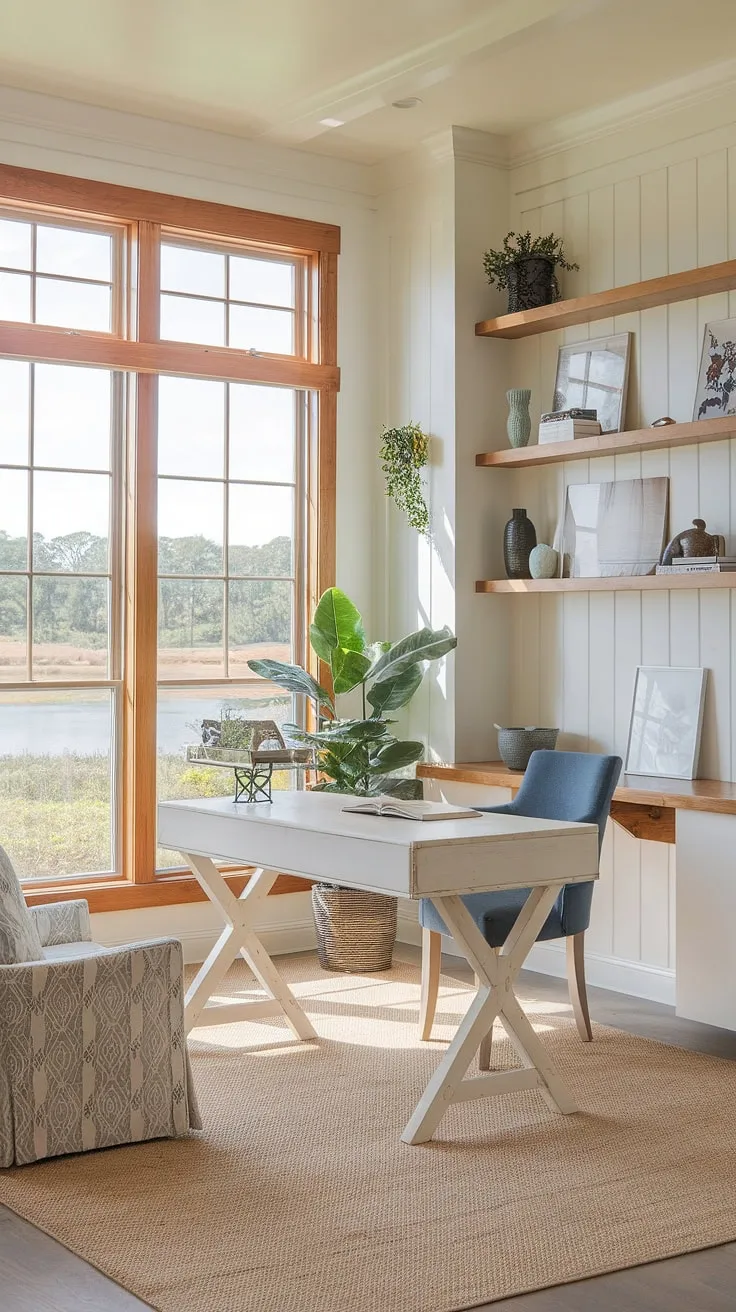 Work from paradise in this stunning coastal office.  This beach house interior boasts a calming coastal interior design, making every workday a coastal escape.