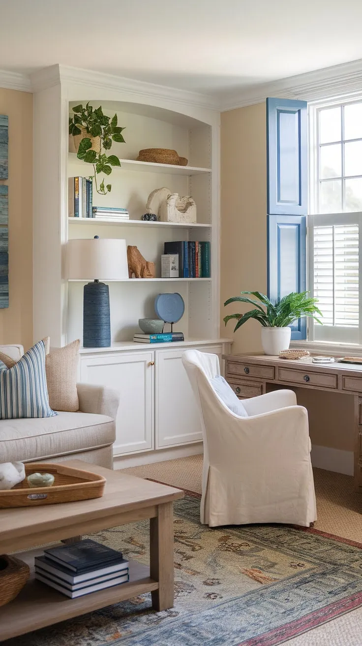 Imagine working from this idyllic coastal office.  The coastal interior design, with its coastal farmhouse influences, creates a calming and productive beach house interior, perfect for anyone seeking coastal interiors with a touch of rustic elegance.