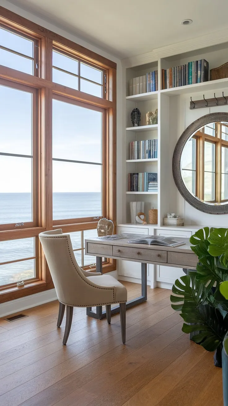 Escape to this idyllic coastal office, where coastal interiors meet coastal farmhouse style.  The beach house interior aesthetic provides a calming and productive environment, making this coastal home office a true sanctuary.