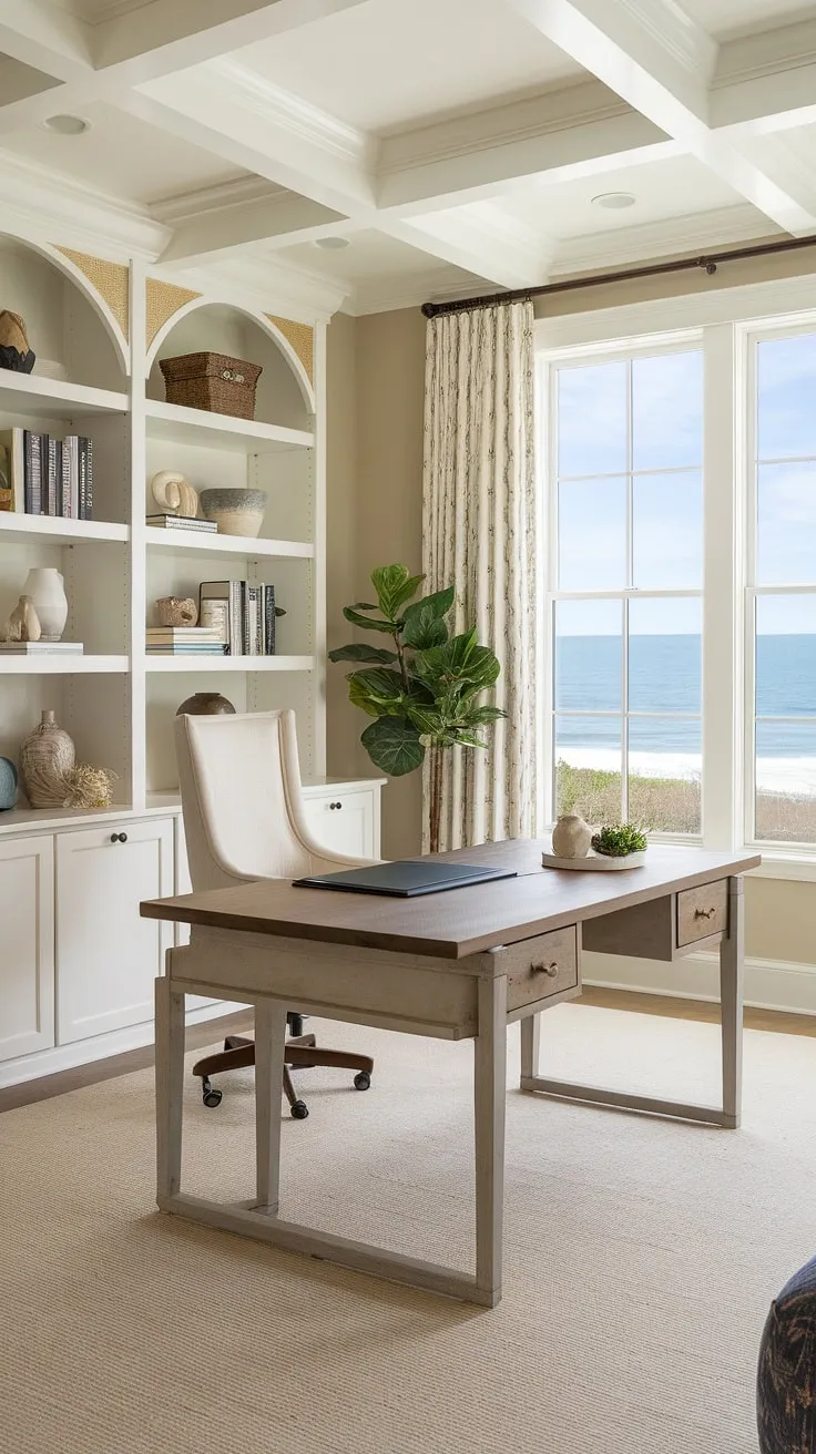 Work from paradise in this stunning coastal office.  The coastal farmhouse design, complete with natural wood and a calming neutral palette, makes this coastal interior the ultimate escape.  Enjoy the coastal interiors and breathtaking ocean views from your own private beach house sanctuary.
