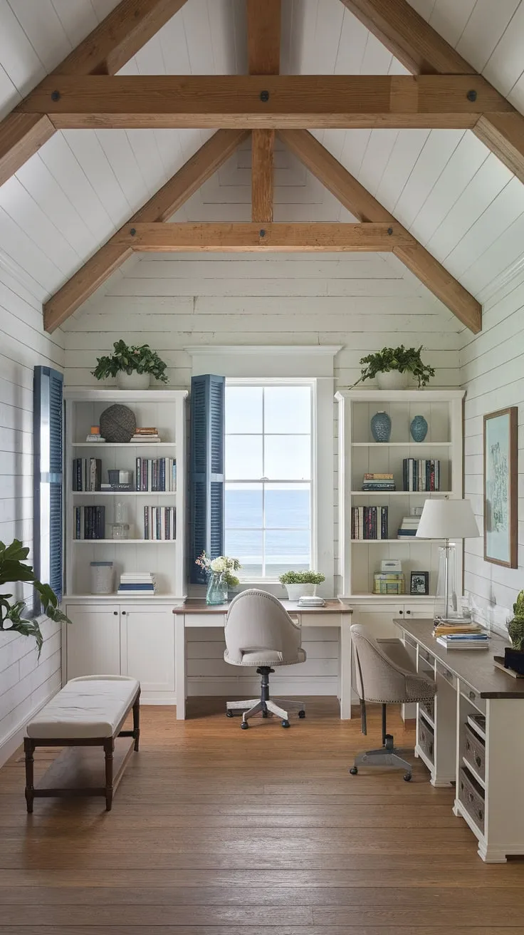 Sunlight streams into this serene coastal home office, a perfect blend of coastal farmhouse charm and sophisticated coastal interiors. The beach house interior is effortlessly chic, creating the ideal workspace with a view.