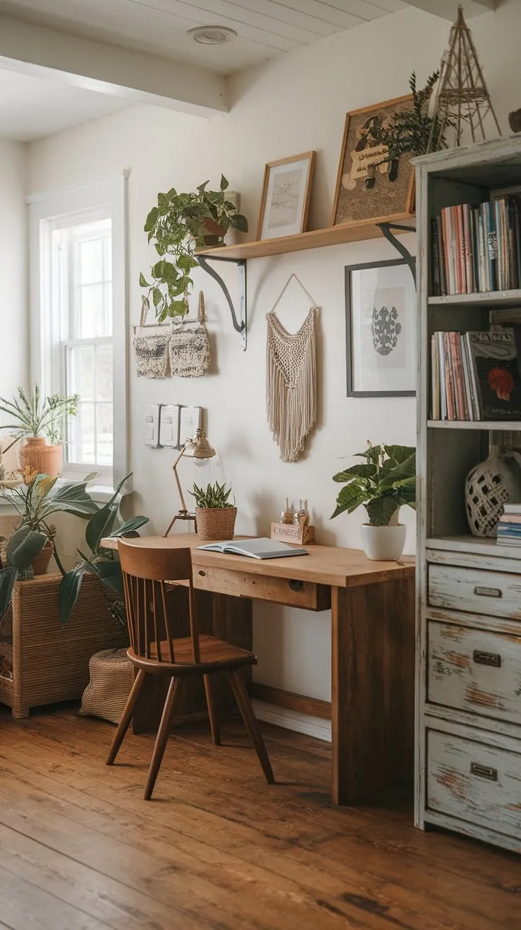 Escape to this idyllic coastal office, a haven of coastal interiors nestled within a charming beach house interior.  The coastal farmhouse aesthetic creates a space that's both inspiring and effortlessly cozy.