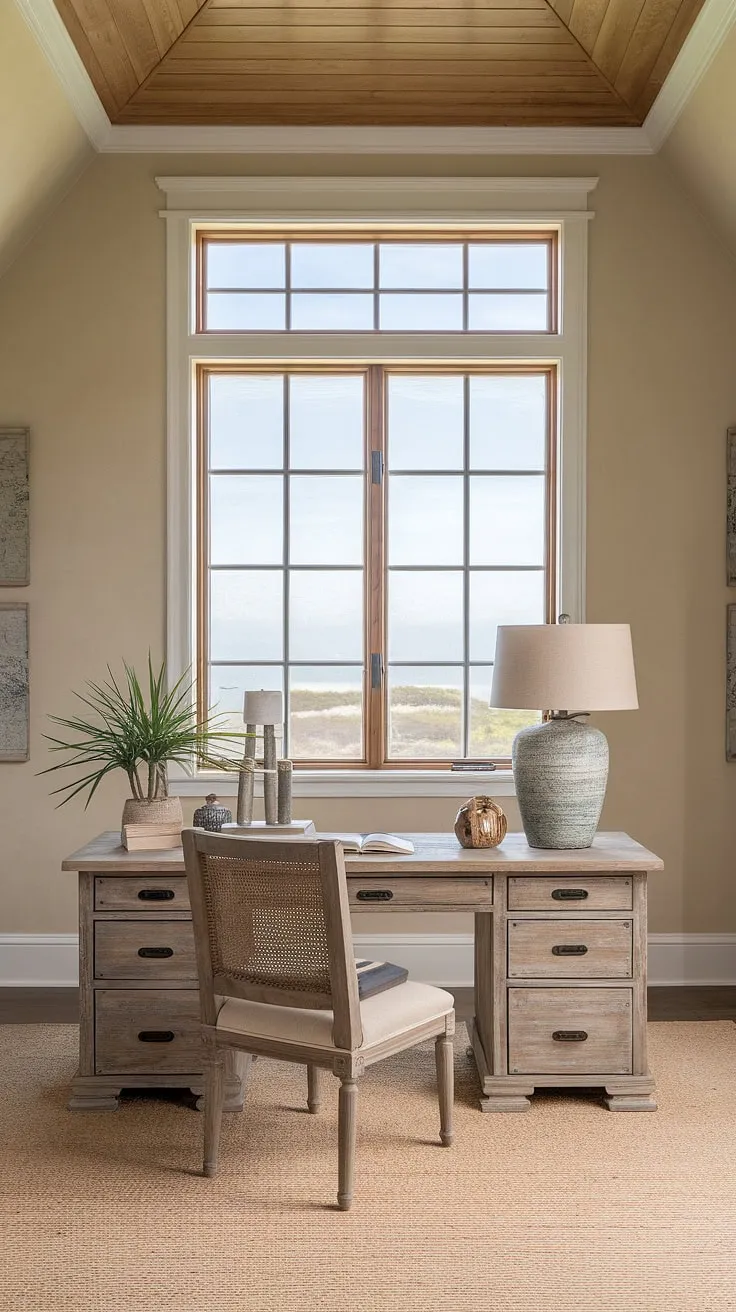 Sunlight streams into this serene coastal home office, a perfect blend of coastal farmhouse charm and modern functionality.  The coastal interior design creates a calming workspace, blurring the lines between beach house interior and sophisticated coastal interiors.