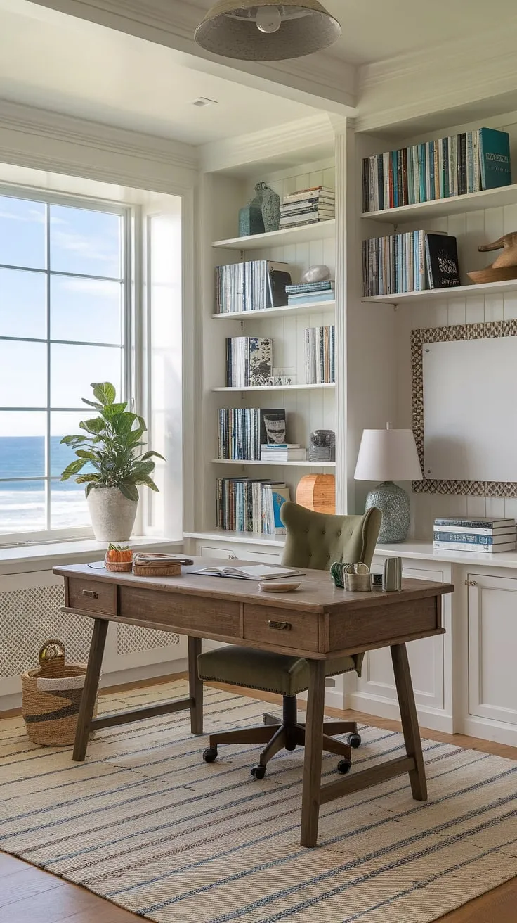 Sunlight streams into this serene coastal home office, a perfect blend of coastal farmhouse charm and sophisticated coastal interiors. The beach house interior is effortlessly chic, creating the ideal workspace.