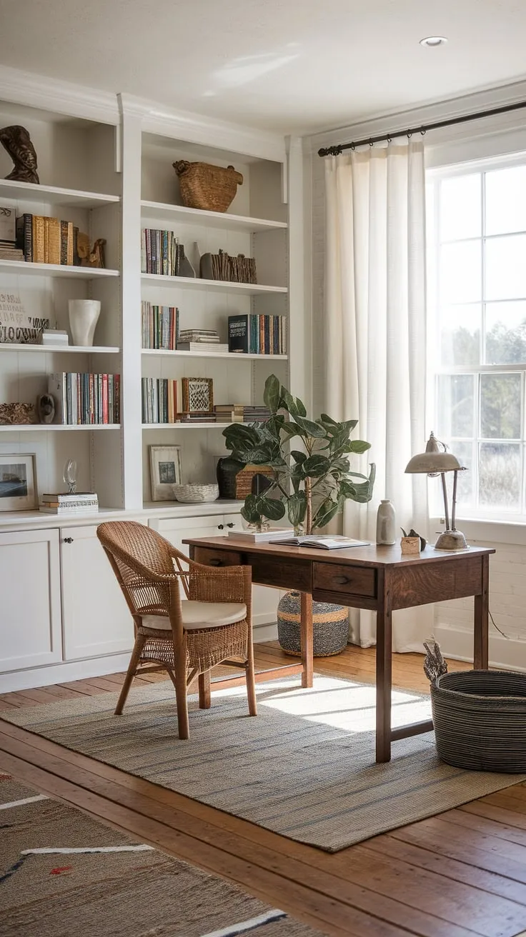 Sunlight streams into this serene coastal home office, a perfect blend of coastal farmhouse charm and modern functionality. The coastal interior design creates a tranquil workspace, ideal for those seeking inspiration from the beach house interior.