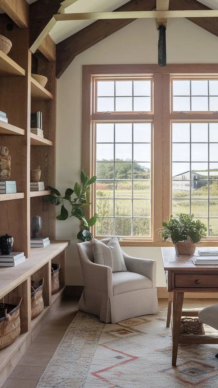 Find your focus in this idyllic coastal office.  The coastal interiors of this coastal farmhouse offer a calming retreat, where rustic charm meets coastal views.  Every detail, from the wooden shelves to the cozy chair, contributes to the perfect beach house interior for productivity and inspiration.
