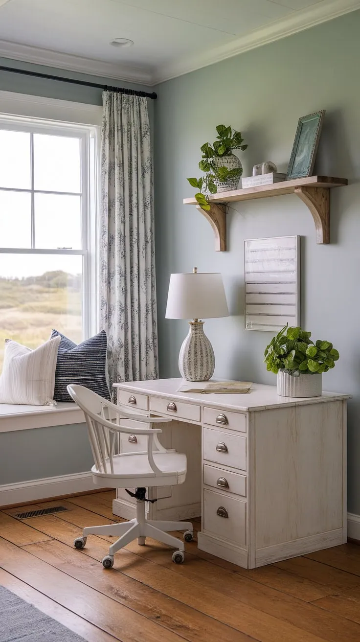 Sunlight streams into this serene coastal home office, a perfect blend of coastal farmhouse charm and sophisticated coastal interiors.  The beach house interior is effortlessly stylish, creating the ideal workspace with a view.