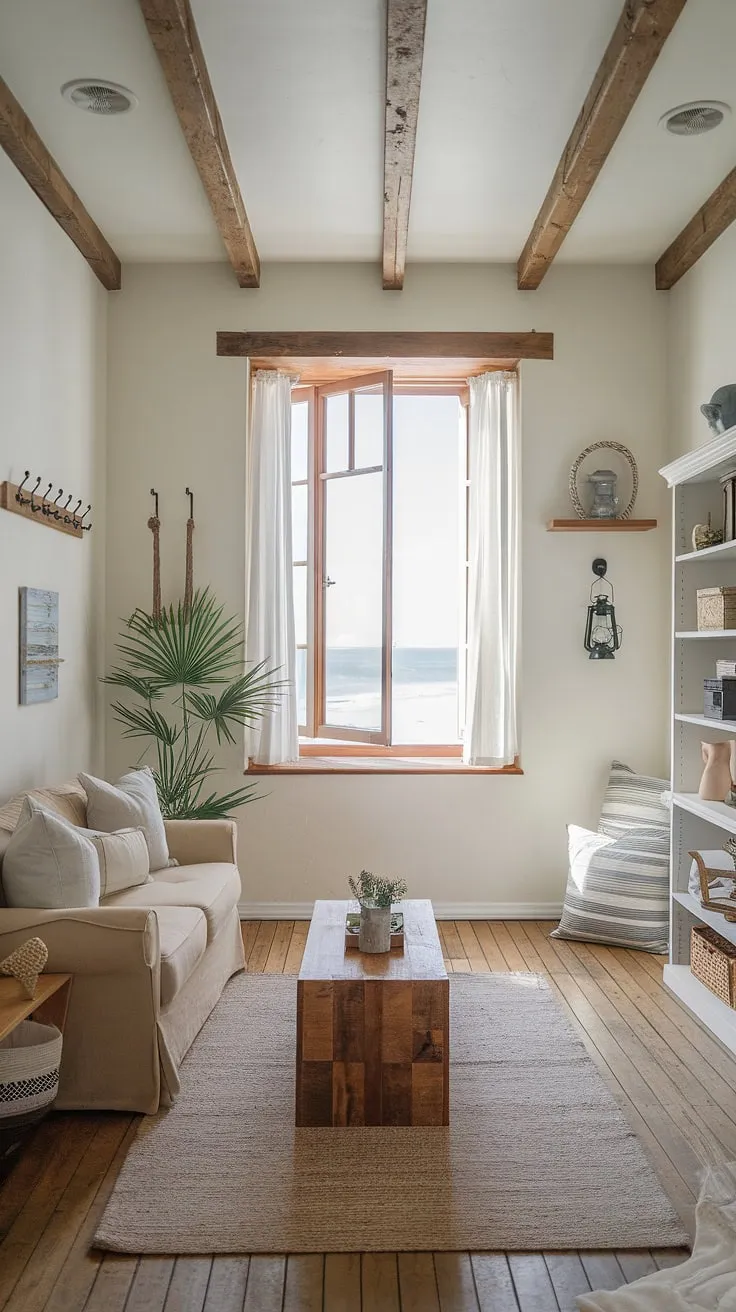 Sunlight streams into this serene coastal home office, a perfect blend of coastal farmhouse charm and sophisticated coastal interiors. The beach house interior is effortlessly chic, creating an inspiring workspace by the sea.
