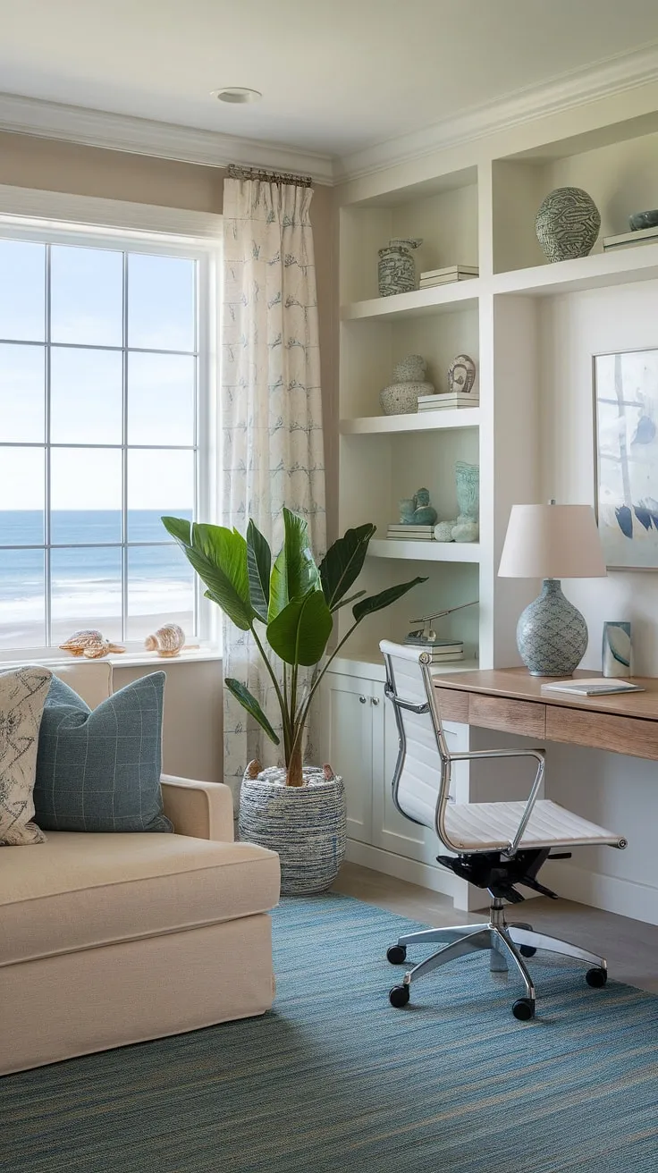 Sunlight streams into this serene coastal home office, a perfect blend of coastal farmhouse charm and sophisticated coastal interiors. The beach house interior is effortlessly chic, creating an inspiring workspace by the sea.