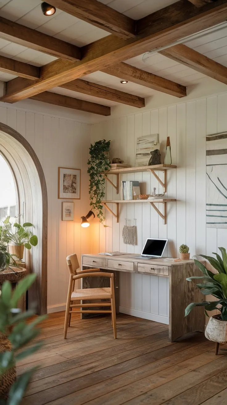 Sunlight streams into this serene coastal home office, a perfect blend of coastal farmhouse charm and sophisticated coastal interiors. The beach house interior is effortlessly chic, creating an inspiring workspace with a view.