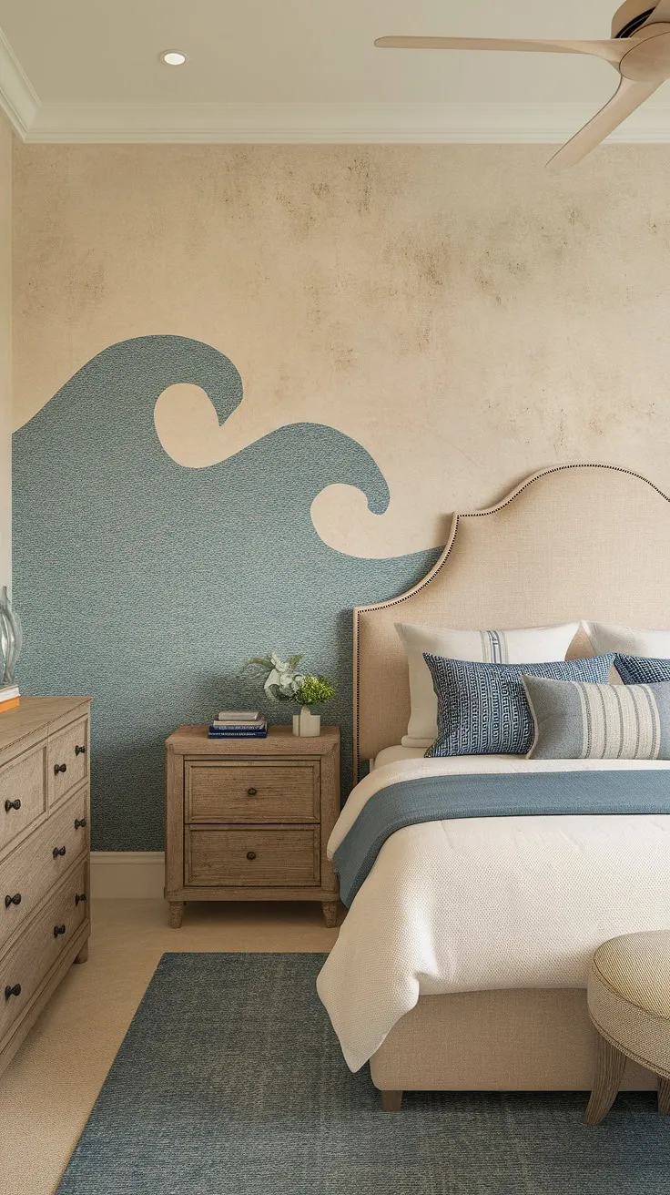 Drift off to dreamland in this serene coastal bedroom, perfectly blending preppy charm with a beachy vibe.  The ocean-inspired wallpaper sets the scene for a coastal themed bedroom that's equally perfect for a granddaughter or anyone seeking a tranquil coastal kid bedroom or aesthetic coastal bedroom.  Find more coastal bedroom ideas and inspiration for your own ocean aesthetic bedroom.