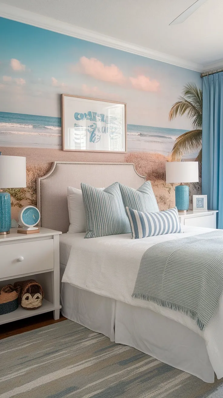 Transform your little one's room into a coastal paradise with this dreamy coastal bedroom aesthetic.  This beach wallpaper room offers a perfect blend of coastal preppy bedroom elegance and playful coastal kid bedroom charm.  Find inspiration for your own coastal granddaughter bedroom ideas and explore the endless possibilities of ocean aesthetic bedroom ideas within this stunning coastal themed bedroom.