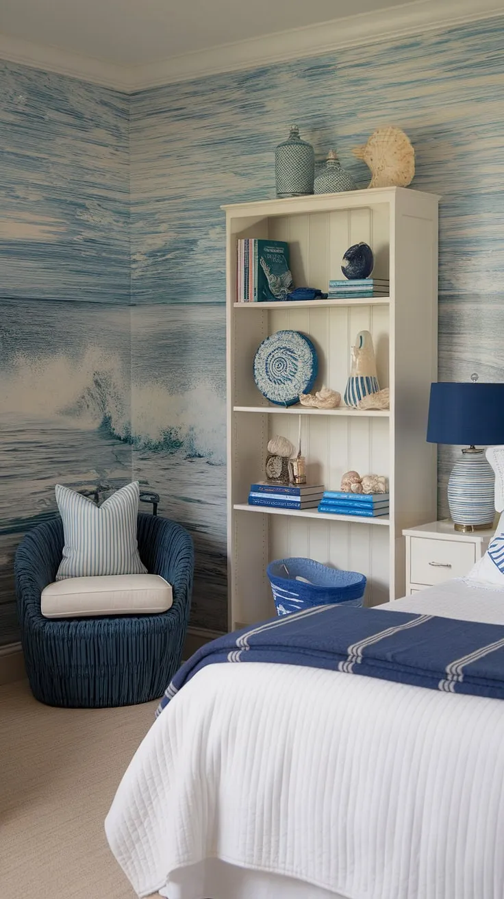 Dreamy coastal preppy bedroom design! This aesthetic coastal bedroom features a stunning beach wallpaper room, creating the ultimate ocean aesthetic bedroom.  With its blue striped blanket, white bookshelf filled with nautical items, and a charming blue chair, this coastal themed bedroom is brimming with coastal bedroom ideas perfect for a coastal kid bedroom or a stylish coastal granddaughter bedroom.