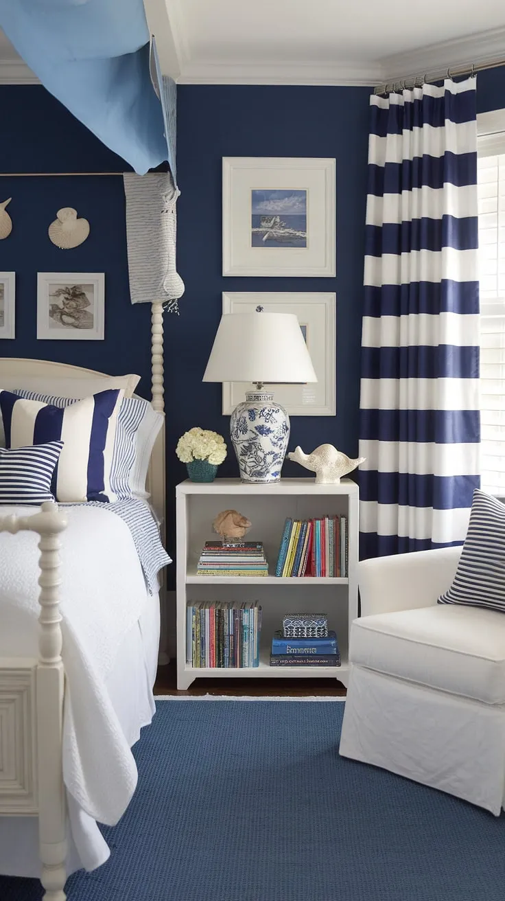 Escape to this serene coastal bedroom.  This aesthetic coastal bedroom showcases clever coastal bedroom ideas, from the blue-toned walls and striped bedding to the charming nautical flag.  Perfect for a coastal kid bedroom or a coastal granddaughter bedroom, this space embodies a coastal preppy bedroom style. The calming atmosphere and thoughtful details make it the ultimate ocean aesthetic bedroom ideas inspiration.