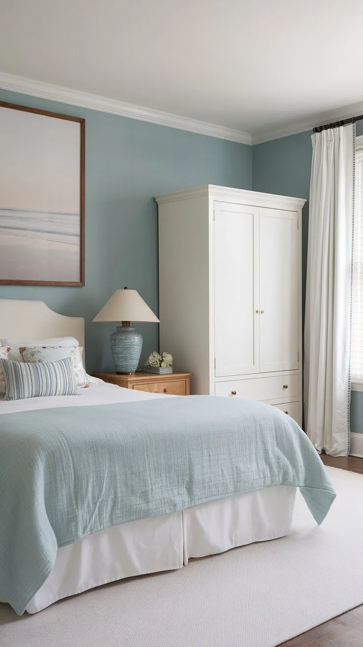 Dreamy coastal themed bedroom design! This aesthetic coastal bedroom boasts a calming palette and preppy details, making it the ultimate coastal bedroom ideas inspiration.  The beach wallpaper room effect, achieved with the stunning artwork, perfectly complements the white furniture and creates a sophisticated yet playful coastal kid bedroom or coastal granddaughter bedroom.