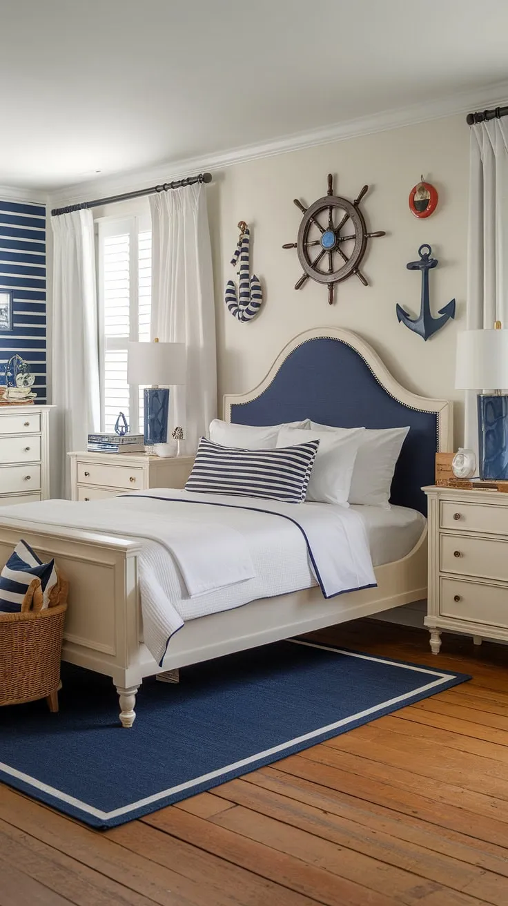 Drift off to dreamland in this serene coastal bedroom, perfectly blending preppy charm with a beachy vibe.  The ocean-inspired wallpaper creates a calming atmosphere, making it ideal for a granddaughter's room or a coastal-themed escape for anyone seeking a tranquil space.  This aesthetic coastal bedroom showcases some of the best coastal bedroom ideas and coastal kid bedroom options, offering inspiration for your own coastal themed bedroom design.