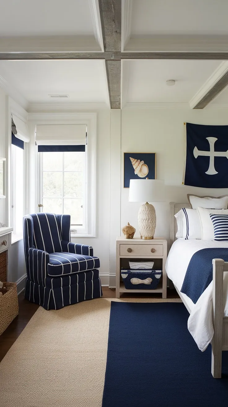Escape to the coast every night in this charming coastal bedroom.  This coastal kid bedroom, or even a sophisticated coastal granddaughter bedroom, boasts a delightful ocean aesthetic bedroom ideas with its navy and white color scheme and coastal themed accents.  Find inspiration for your own coastal bedroom ideas, including how to achieve a perfect coastal preppy bedroom with this calming and stylish space.