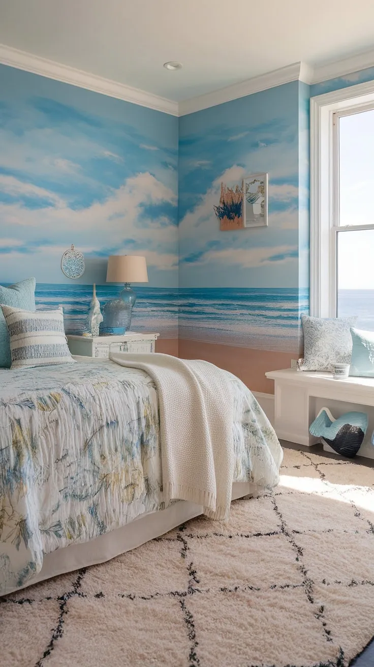 Dreamy coastal bedroom ideas abound in this aesthetic coastal bedroom.  The beach wallpaper room sets a serene tone, enhanced by the plush rug and floral bedspread.  The ocean view from the window completes this coastal themed bedroom, a perfect space for relaxation and seaside dreams.  Ideal for a coastal kid bedroom or a coastal preppy bedroom, this design offers inspiration for a coastal granddaughter bedroom ideas.