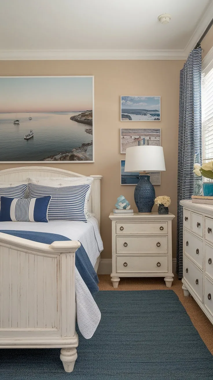 Escape to tranquility in this coastal preppy bedroom, perfect for a granddaughter or anyone seeking a serene coastal bedroom aesthetic.  The beach wallpaper room creates a calming ocean aesthetic bedroom ideas, while the blue and white color scheme embodies the perfect coastal themed bedroom.  Plenty of coastal bedroom ideas are showcased here, from the white wooden bed frame to the charming nautical details.