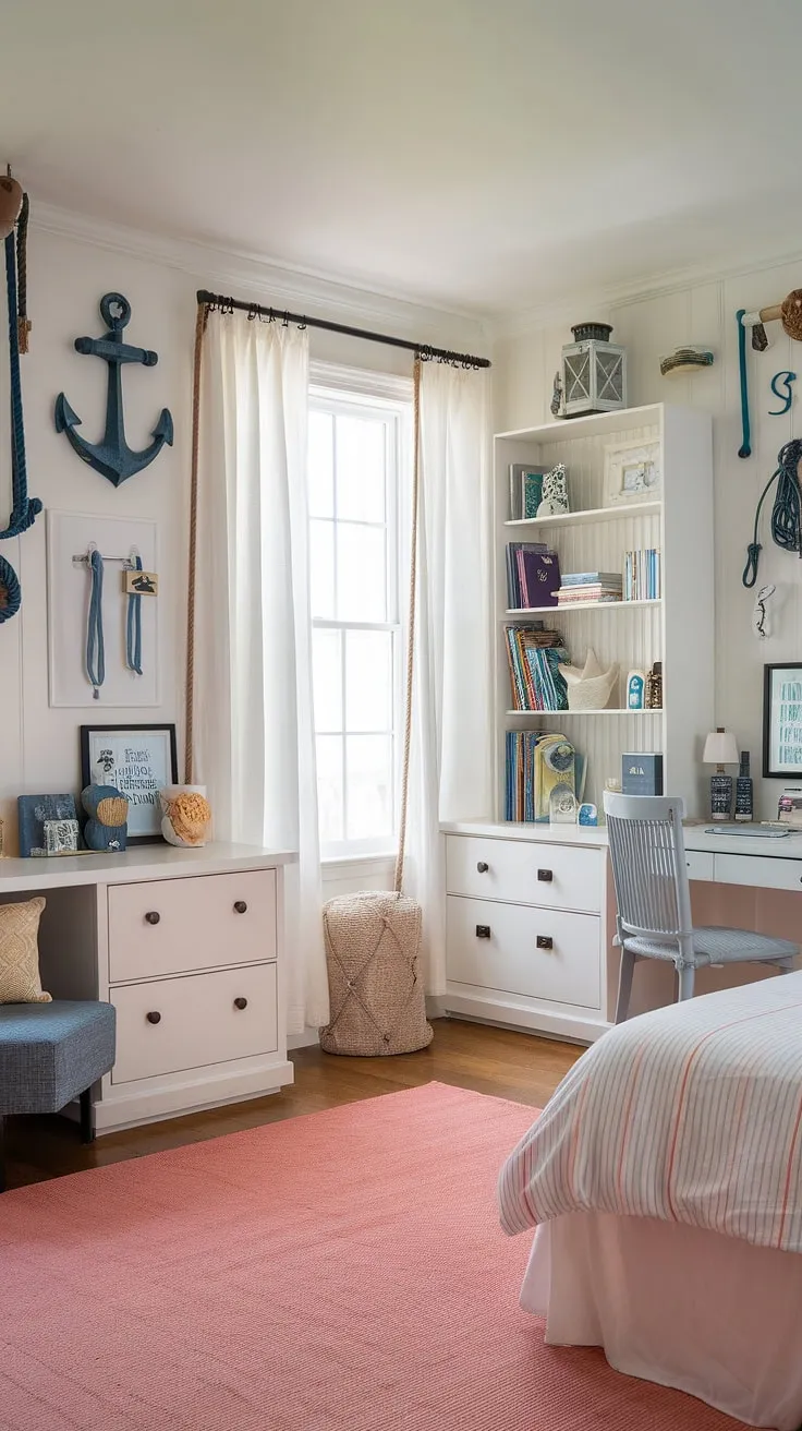 Drift off to dreamland in this serene coastal bedroom, perfectly blending preppy charm with a beachy vibe.  The ocean-inspired wallpaper sets the scene for a coastal themed bedroom that's equally perfect for a granddaughter or anyone seeking a tranquil coastal kid bedroom or aesthetic coastal bedroom.  Find more coastal bedroom ideas and inspiration for your own ocean aesthetic bedroom.
