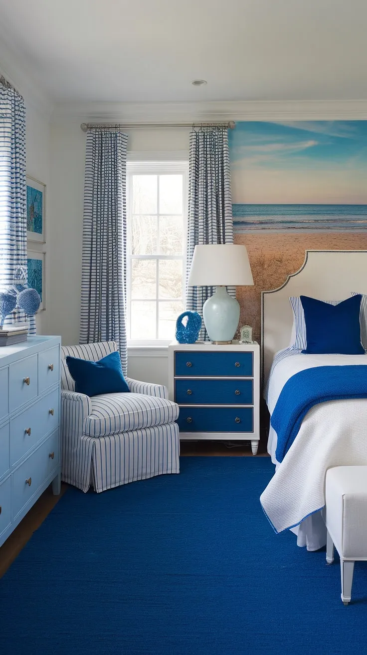 Drift off to dreamland in this serene coastal bedroom, perfectly blending beach wallpaper room charm with preppy coastal accents.  Ideal coastal granddaughter bedroom ideas, this space offers a calming ocean aesthetic bedroom ideas for kids and adults alike, showcasing the best of coastal bedroom aesthetic and coastal themed bedroom design.