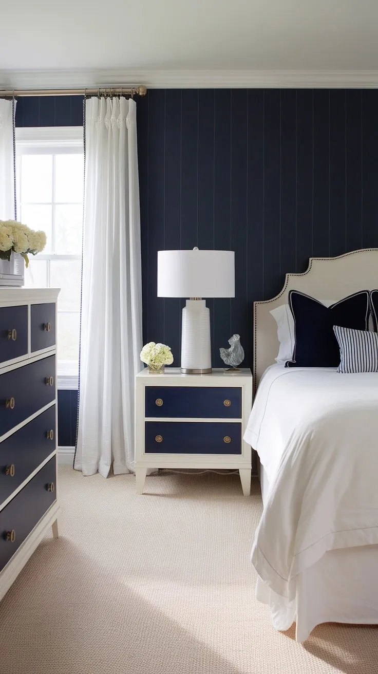 Drift off to dreamland in this serene coastal bedroom, perfectly blending preppy charm with a beachy vibe.  The ocean-inspired wallpaper sets the scene for a coastal themed bedroom that's equally perfect for a granddaughter or anyone seeking a tranquil coastal kid bedroom or aesthetic coastal bedroom.  Find more coastal bedroom ideas and inspiration for your own ocean aesthetic bedroom.