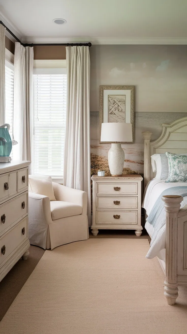 Drift off to dreamland in this serene coastal bedroom, perfectly blending beach wallpaper room charm with preppy coastal accents.  Ideal coastal granddaughter bedroom ideas, this space showcases the best of coastal bedroom aesthetic and offers plenty of coastal themed bedroom inspiration for your own coastal kid bedroom or ocean aesthetic bedroom ideas.