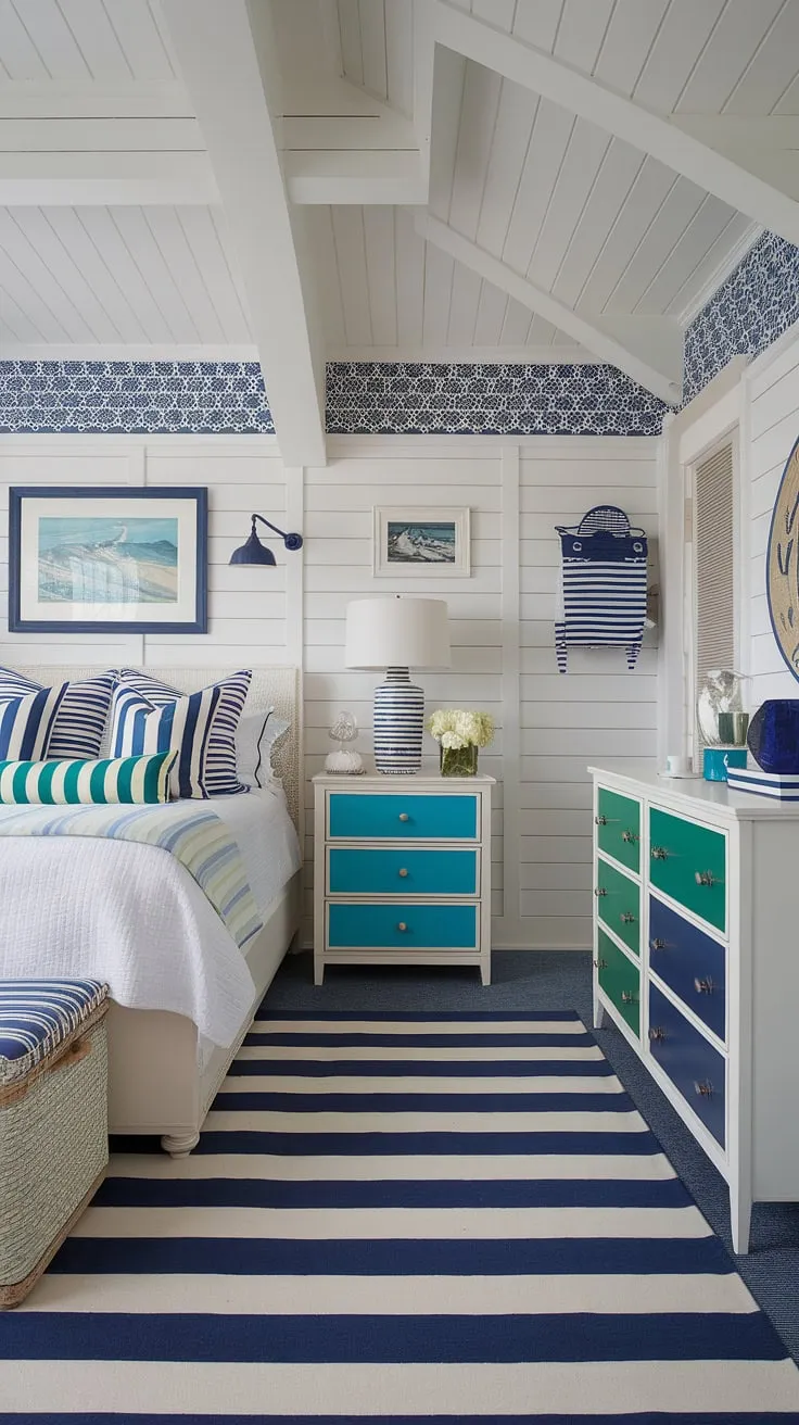 Create a serene coastal themed bedroom that evokes the calming rhythm of the ocean. This aesthetic coastal bedroom showcases the beauty of a beach wallpaper room, providing inspiration for your own coastal bedroom ideas. Perfect for a coastal granddaughter bedroom, or any child who dreams of the coast, this space embodies the ultimate coastal bedroom aesthetic.
