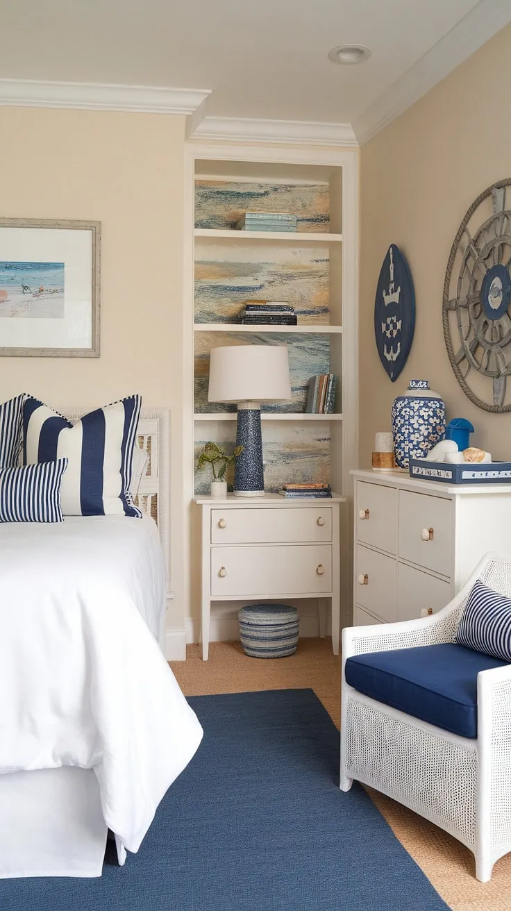 Dreamy coastal kid bedroom inspiration! This coastal granddaughter bedroom boasts a delightful blend of preppy style and ocean aesthetic bedroom ideas.  The beach wallpaper room sets the scene for a truly relaxing coastal bedroom aesthetic, offering plenty of coastal bedroom ideas for your own space.  This aesthetic coastal bedroom is the epitome of coastal themed bedroom design.