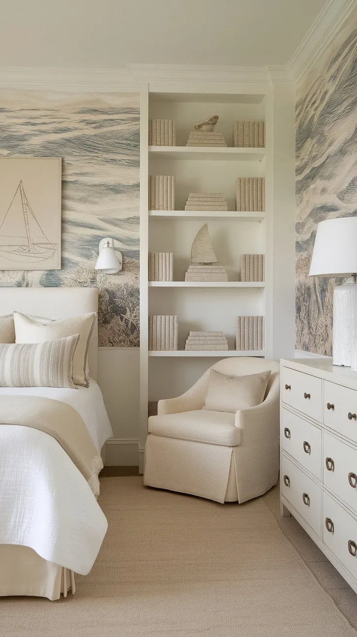 Drift off to dreamland in this serene coastal bedroom, perfectly blending preppy charm with a beachy vibe.  The ocean-inspired wallpaper sets the scene for a coastal themed bedroom that's equally perfect for a granddaughter or anyone seeking a tranquil coastal kid bedroom or aesthetic coastal bedroom.  Find more coastal bedroom ideas and inspiration for your own ocean aesthetic bedroom.