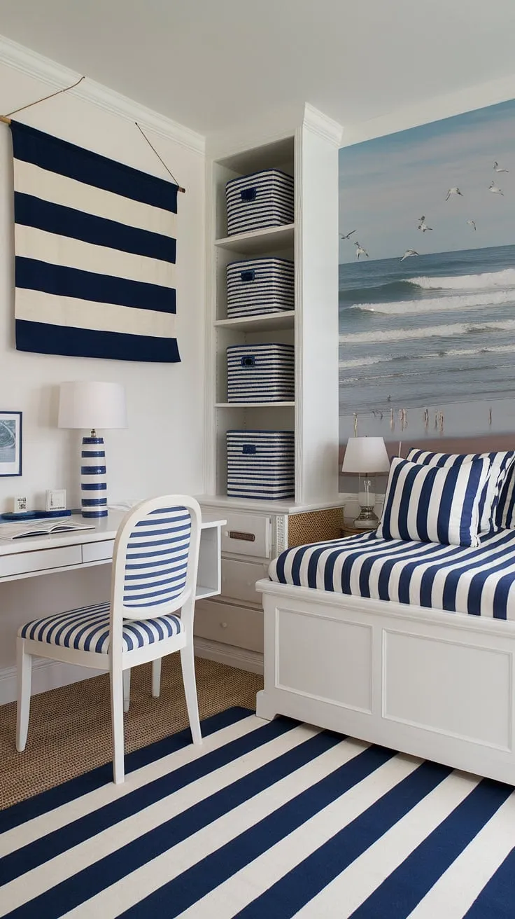 Drift off to dreamland in this serene coastal bedroom, perfectly blending preppy charm with a beachy vibe.  The ocean-inspired wallpaper creates a calming atmosphere, making it an ideal space for a granddaughter or anyone seeking a coastal themed bedroom escape.  This aesthetic coastal bedroom showcases coastal bedroom ideas that are both stylish and relaxing, offering a perfect blend of coastal kid bedroom fun and sophisticated coastal bedroom aesthetic.
