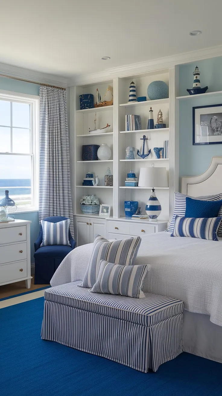 This aesthetic coastal bedroom is the epitome of coastal living.  Imagine relaxing in this coastal themed bedroom, inspired by the ocean's tranquility.  The beach wallpaper room (or the stunning ocean view!) sets the scene for this coastal bedroom, offering plenty of coastal bedroom ideas for a preppy and playful space.  Perfect for a coastal granddaughter bedroom or any coastal kid bedroom, this design shows how to achieve a sophisticated yet fun coastal preppy bedroom.