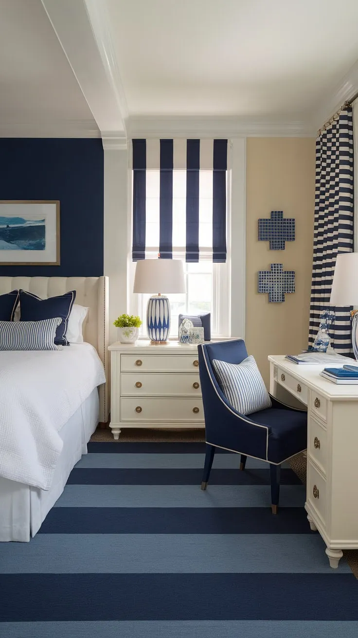 Escape to the coast every night in this beautifully styled coastal bedroom.  This aesthetic coastal bedroom showcases clever coastal bedroom ideas, from the subtle beach wallpaper room feel to the perfectly chosen furniture.  The result? A coastal preppy bedroom that's both stylish and inviting, ideal for coastal granddaughter bedroom ideas or anyone wanting a calming ocean aesthetic bedroom.