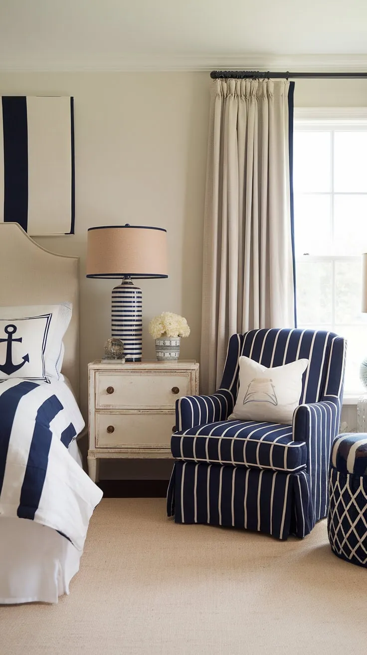 Dreamy coastal preppy bedroom, perfect for a granddaughter or anyone seeking a serene escape.  The beige and navy palette, nautical accents, and striped wallpaper create a charming coastal themed bedroom, offering endless coastal bedroom ideas for a truly aesthetic coastal bedroom. This coastal kid bedroom design is effortlessly chic.
