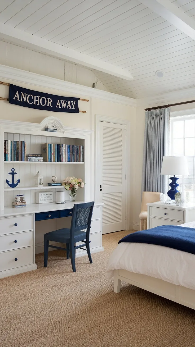 This aesthetic coastal bedroom is the epitome of coastal themed bedroom design.  From the "Anchor Away" banner to the carefully curated nautical details, every element contributes to a perfectly balanced coastal bedroom.  Get inspired by these coastal bedroom ideas for your own space, whether you're designing a coastal kid bedroom, a coastal granddaughter bedroom, or simply seeking a peaceful ocean aesthetic bedroom.  The calming whites and blues create a coastal preppy bedroom feel that's both sophisticated and inviting.