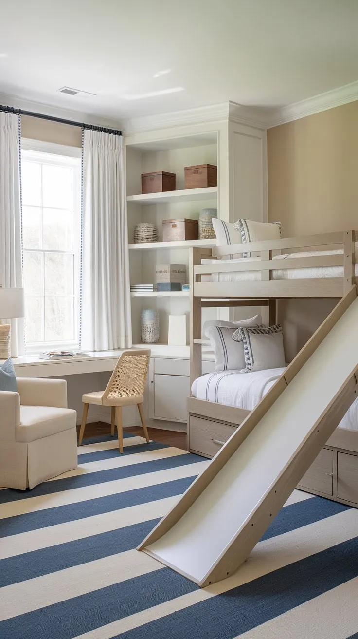 Drift off to dreamland in this serene coastal bedroom, perfectly blending preppy charm with a beachy vibe.  The ocean-inspired wallpaper sets the scene for a coastal themed bedroom that's equally perfect for a granddaughter or anyone seeking a tranquil coastal kid bedroom or aesthetic coastal bedroom. This space offers endless coastal bedroom ideas and showcases the best of ocean aesthetic bedroom ideas for a truly captivating coastal bedroom aesthetic.