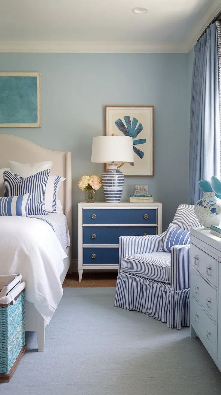 Drift off to dreamland in this serene coastal bedroom, perfectly blending beach wallpaper room charm with preppy coastal accents.  Ideal coastal granddaughter bedroom ideas, this space showcases the best of coastal bedroom aesthetic and offers plenty of coastal themed bedroom inspiration for your own coastal kid bedroom or ocean aesthetic bedroom ideas.