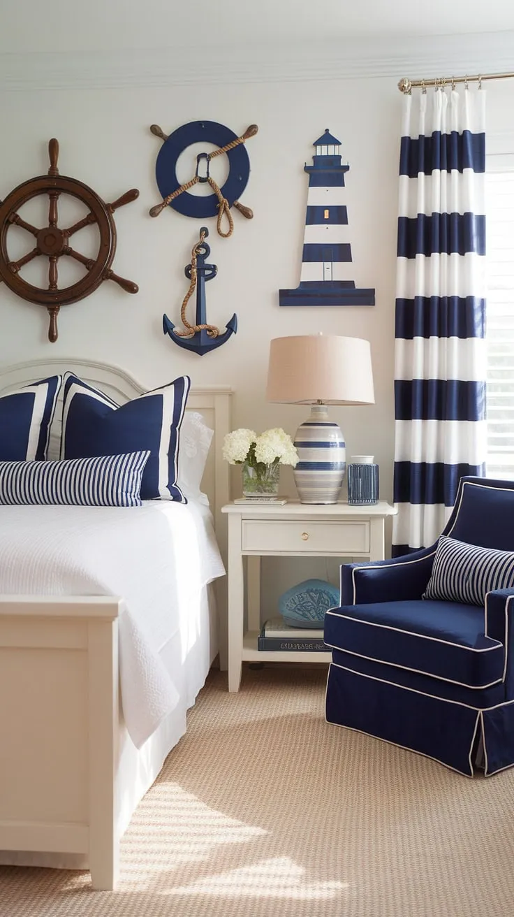 Drift off to dreamland in this serene coastal bedroom, perfectly blending beach wallpaper room charm with preppy coastal style.  Ideal for a granddaughter's room, this space showcases the best of coastal bedroom ideas and ocean aesthetic bedroom ideas, creating a truly captivating coastal themed bedroom and coastal kid bedroom haven.