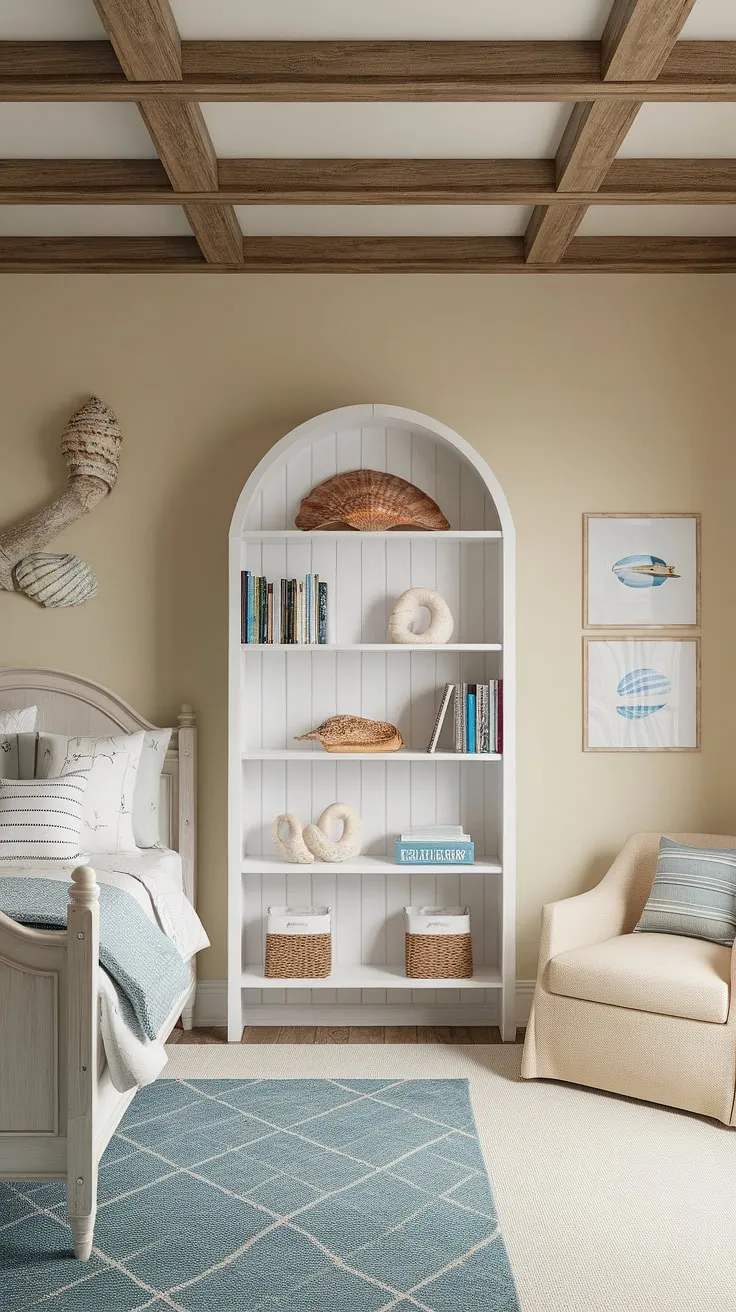 Drift off to dreamland in this serene coastal bedroom, perfectly blending beach wallpaper room charm with preppy coastal accents.  Ideal coastal granddaughter bedroom ideas, this space offers a calming ocean aesthetic bedroom ideas for kids and adults alike, showcasing the best of coastal bedroom aesthetic and coastal themed bedroom design.