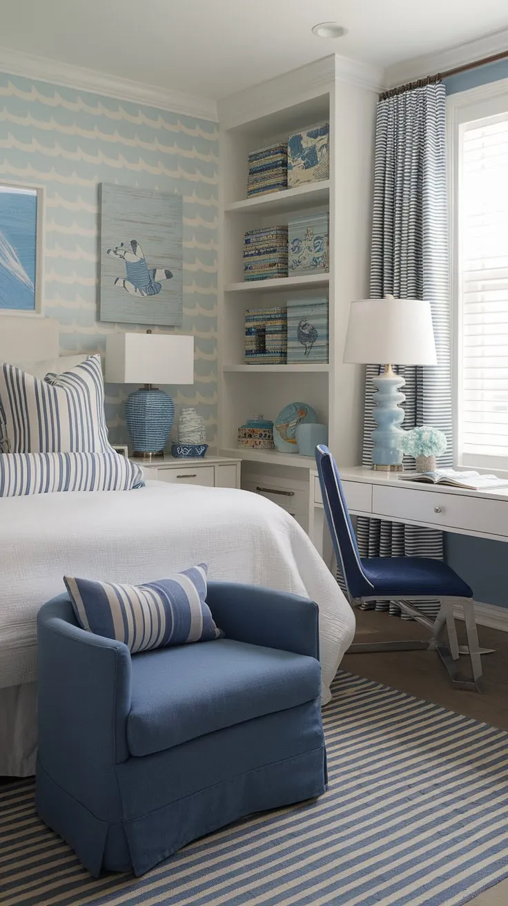 Drift off to dreamland in this serene coastal bedroom, perfectly blending preppy charm with a beachy vibe.  The ocean-inspired wallpaper sets the scene for a coastal themed bedroom that's equally perfect for a granddaughter or anyone seeking a tranquil coastal kid bedroom or aesthetic coastal bedroom.  Find more coastal bedroom ideas and inspiration for your own ocean aesthetic bedroom.