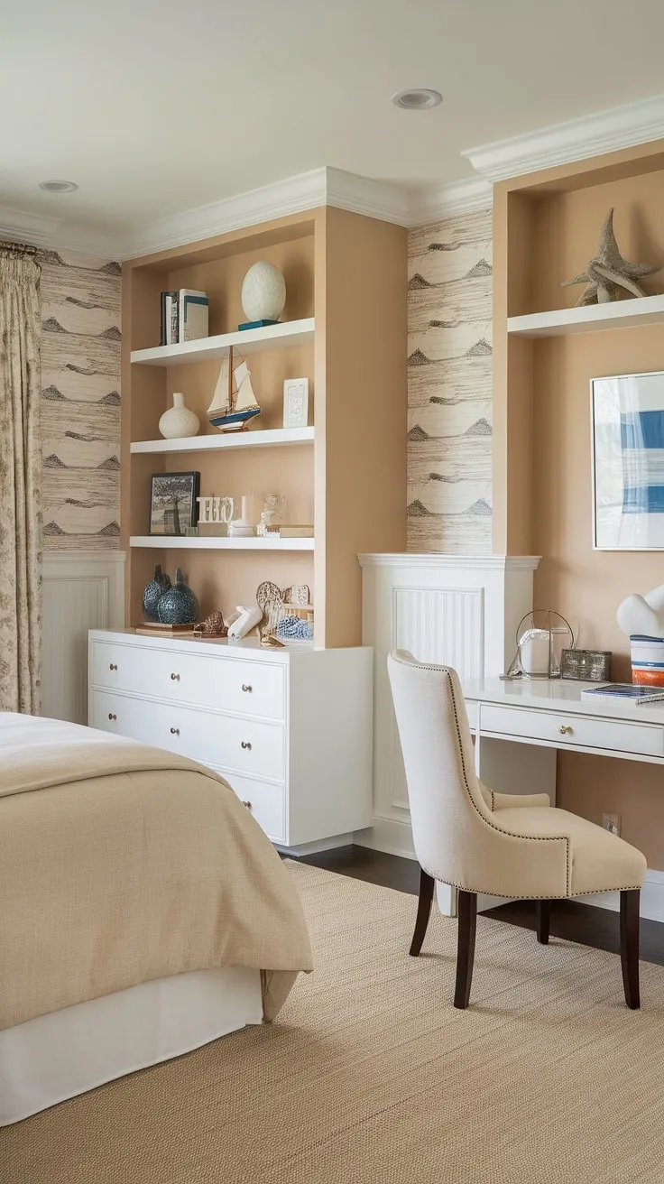 Drift off to dreamland in this serene coastal bedroom, perfectly blending beach wallpaper room charm with preppy coastal style.  Ideal for a granddaughter's room, this space showcases the best of coastal bedroom ideas and ocean aesthetic bedroom ideas, creating a truly captivating coastal themed bedroom and coastal kid bedroom haven.