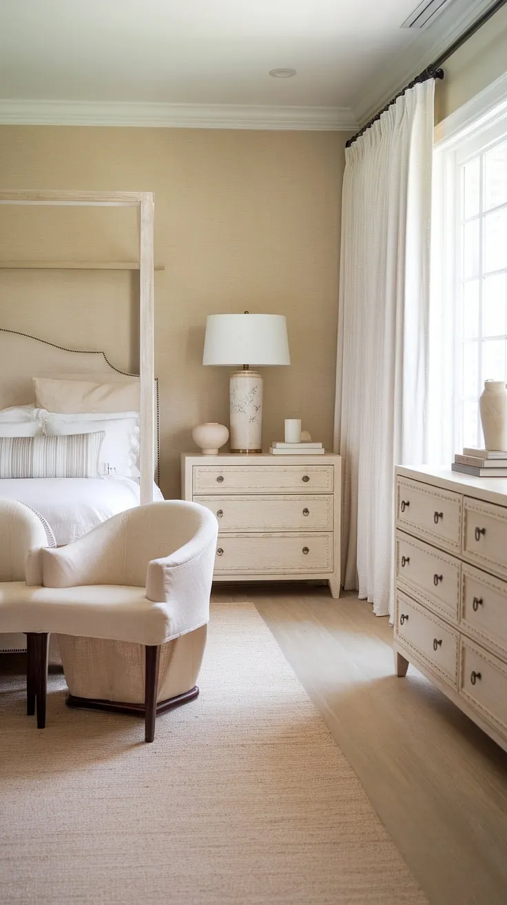 Drift off to dreamland in this serene coastal bedroom, perfectly blending preppy charm with a beachy vibe.  The ocean-inspired wallpaper creates a calming atmosphere, making it the ideal coastal themed bedroom for a granddaughter, or anyone seeking a peaceful coastal kid bedroom or aesthetic coastal bedroom.  Find more coastal bedroom ideas and inspiration for your own ocean aesthetic bedroom here.