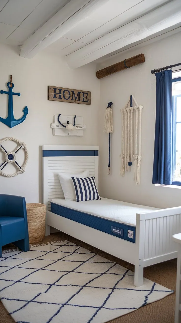 Transform your little one's room into a seaside sanctuary with this dreamy coastal kid bedroom.  This beach wallpaper room perfectly captures the coastal bedroom aesthetic, offering endless coastal bedroom ideas for a truly enchanting ocean aesthetic bedroom.  Perfect for a coastal granddaughter bedroom or a preppy coastal themed bedroom.